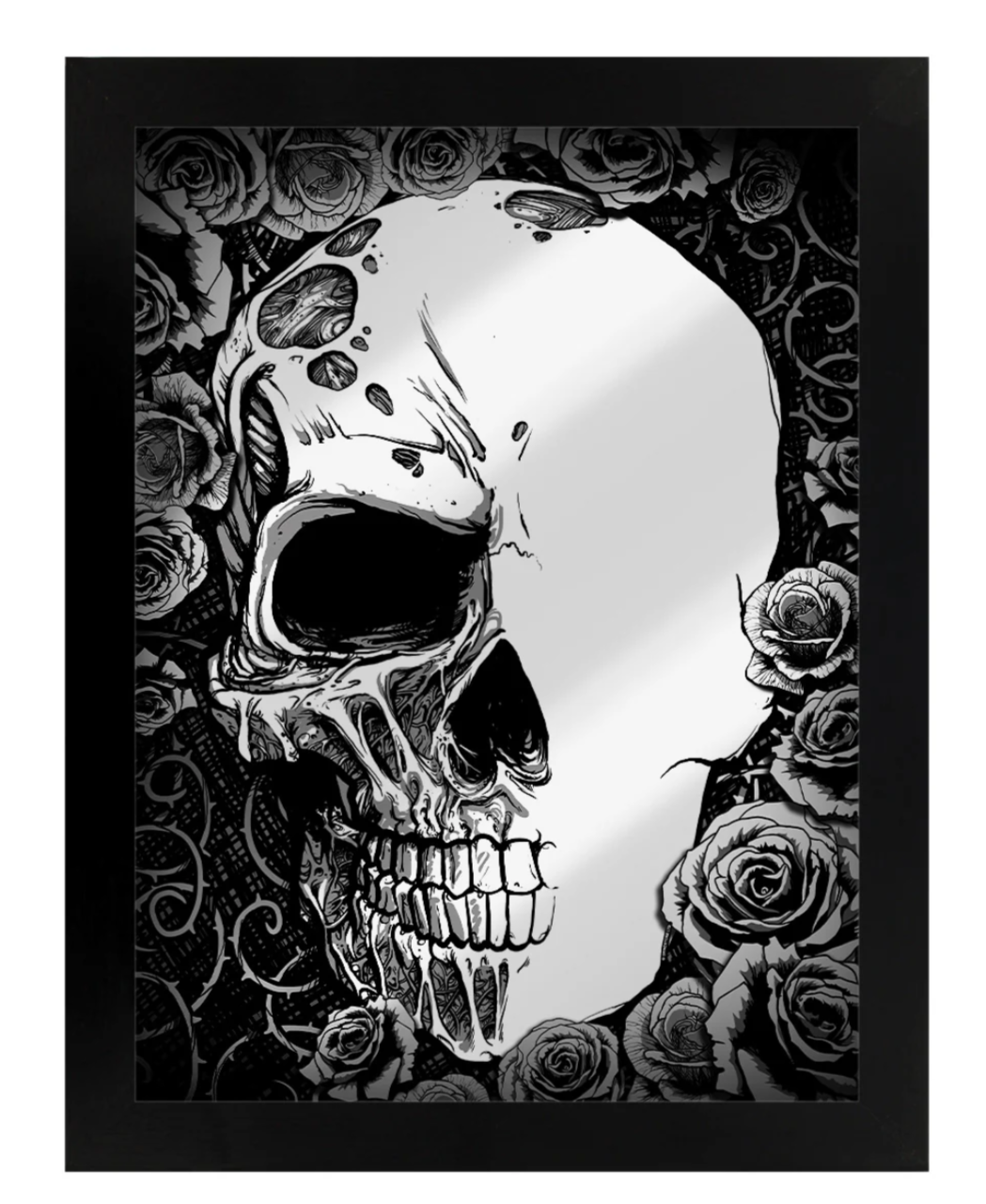 Gothic Home decor - framed kull with roses mirroreed print