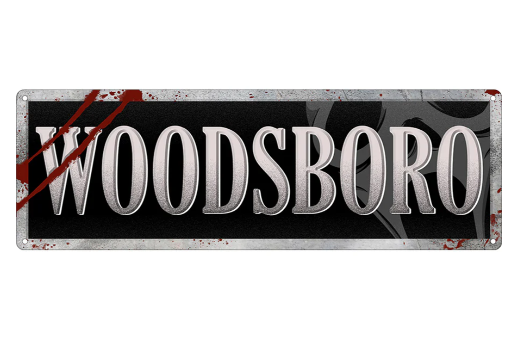 Gothic and horror home decor - woodsboro tin sign