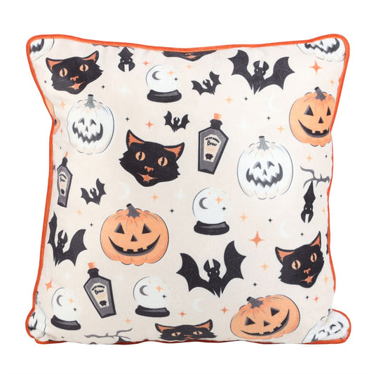 Square Spooky Cat and Pumpkin Print Cushion